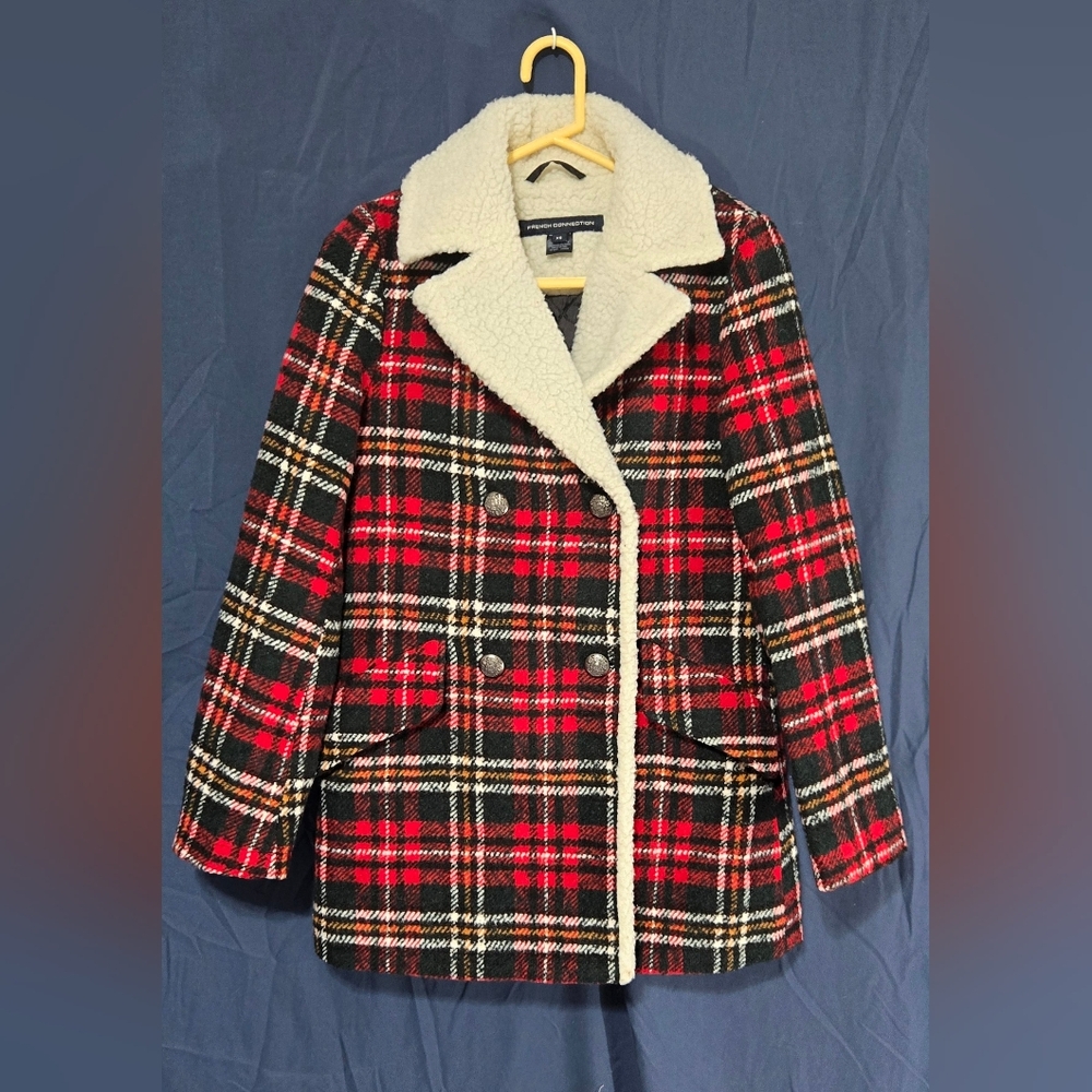 French Connection Red Plaid Pea Coat with White Faux Shearling Collar - Size XS - Picture 3 of 10